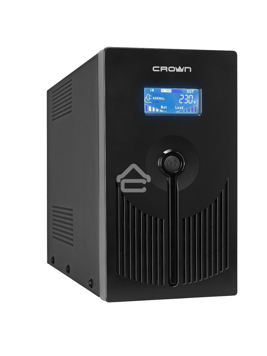 Источник бесперебойного питания CROWN 800VA/450W, металл, 1x12V/9AH, розетки 3*EURO+1*IEC bybass, трансформатор AVR 145-280V, LCD дисплей, съёмный кабель 1.2м, фильтр телефонной и ethernet линии RJ11/45, защита батареи, от перегрузки, от КЗ